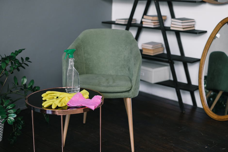 A residential interior space featuring a light green upholstered armchair with wooden legs positioned beside a small, round black side table with a metallic rim. On the table are yellow rubber cleaning gloves, a pink microfiber cloth, and a transparent spray bottle with a green nozzle, indicating surface cleaning and sanitisation activities. In the background, a black ladder-style bookshelf holds neatly stacked books, and a large oval mirror with a wooden frame reflects part of the room. The floor is dark wood, and a lush green potted plant is visible to the left, contributing to a tidy and well-maintained environment consistent with domestic cleaning services offered by Cleaner Kentish Town. The lighting appears natural and even, highlighting the cleanliness and organized setting.